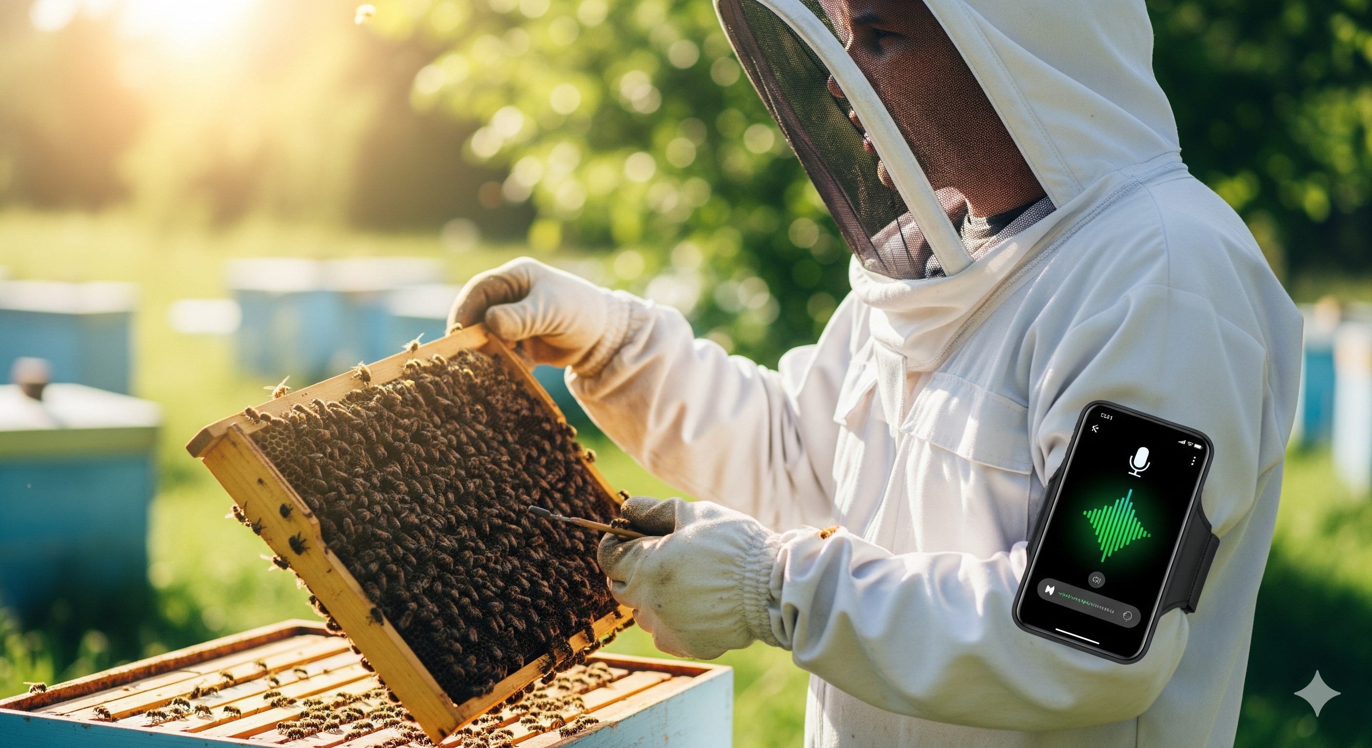 Пчеловод на пасеке использует голосовое приложение для учета пчел без рук